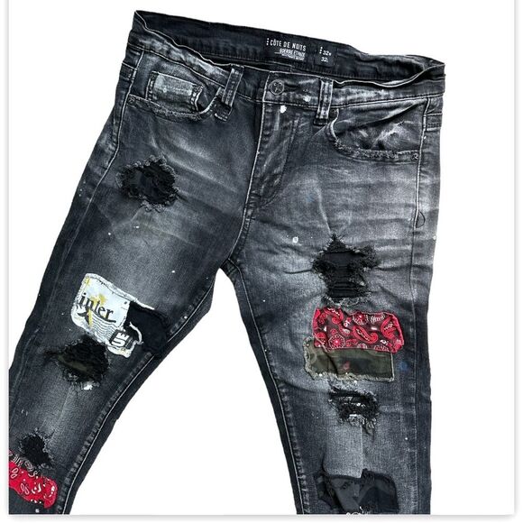 Cote De Nuits Mens Distressed Shredded Pants Patchwork Jeans Designer - Picture 4 of 12